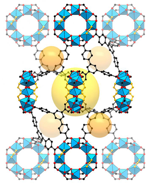 This illustration shows the structure of a metal-organic framework, or MOF. The structure possesses a “handedness,” known as chirality, that enables researchers to identify the same kind of handedness in molecules that bind within it. [S. Lee, E. Kapustin, O. Yaghi/Berkeley Lab and UC Berkeley]
