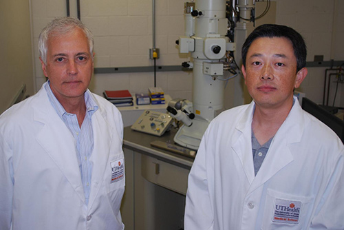 University of Texas Health's John Hancock, M.B., B.Chir, Ph.D., ScD, (left) and Yong Zhou, Ph.D., (right) are studying what causes cancer at the molecular level. [The University of Texas Health Science Center at Houston]