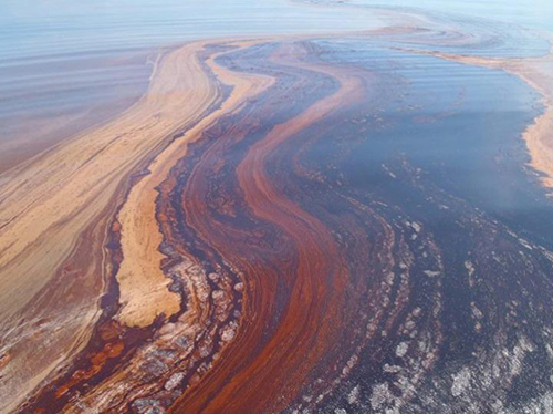 This image shows the surface oil slick from the Deepwater Horizon oil spill. According to a new study, the oil-consuming bacteria that thrived after the accident included species that favored different hydrocarbons, suggesting that the combined capabilities of the microbial community exceeded those of its individual components. [Andreas Teske, University of North Carolina Chapel Hill]