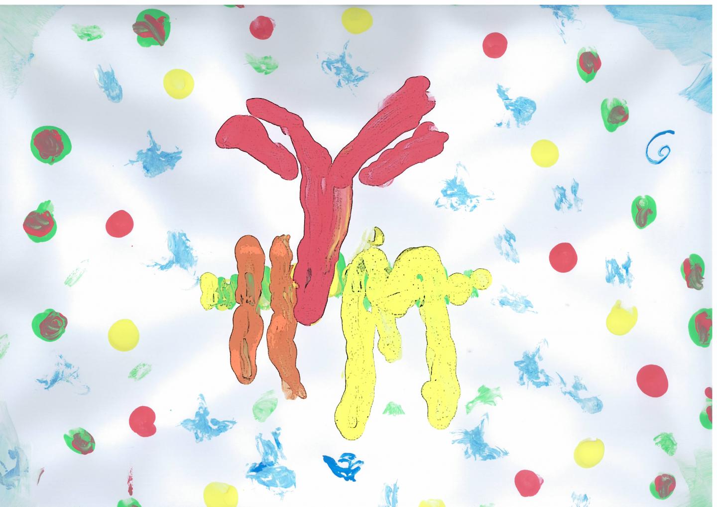 This is artwork painted by the daughter of researcher Susana Minguet. The protein Kidins220 (yellow) interacts with the B cell receptor (red and orange). [Susana Minguet, researcher at the University of Freiburg]