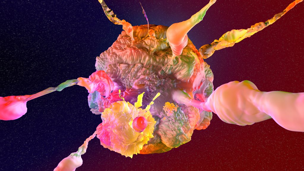 3D rendered Illustration of a mutating and distributing cancer cell