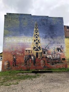 mural in Drumright, OK depicting the Wheeler No. 1 Oil Well