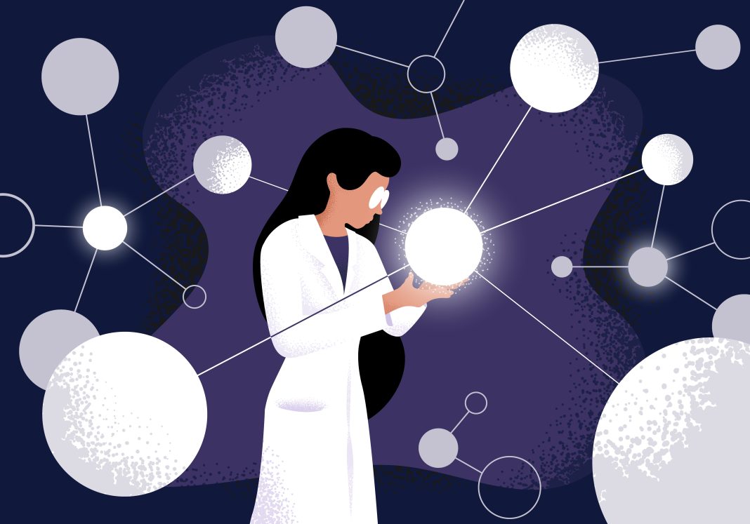 illustration female lab tech looking at brain