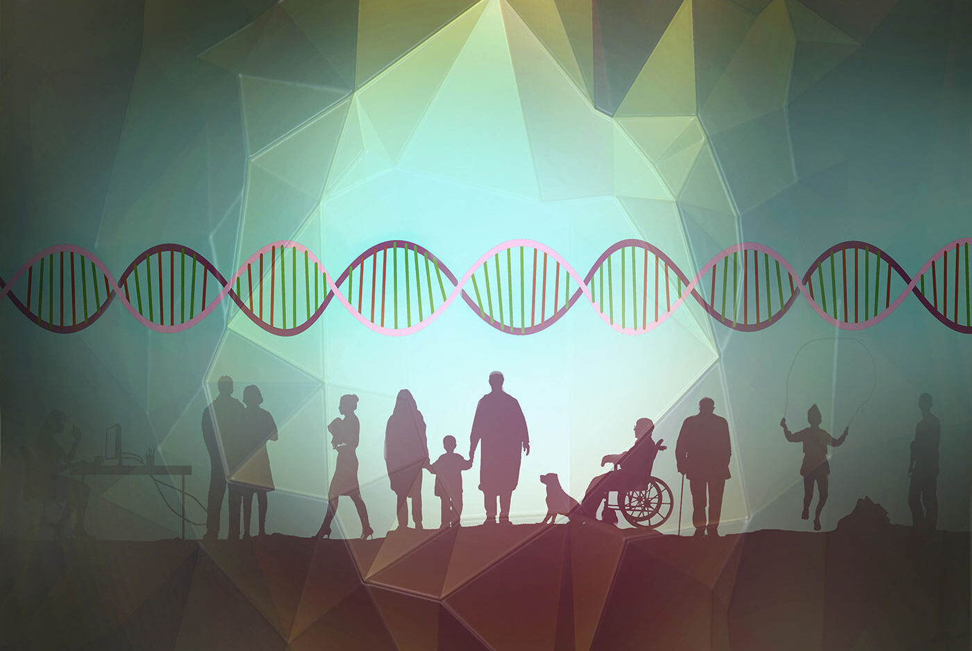 Concept image of a diverse group of people silhouetted against an abstract background with a double helix depicting genetic research and chromosomes