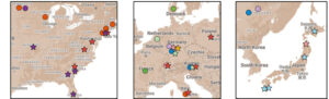 An international team of researchers sequenced the genomes of many species of Borrelia, the cause of Lyme disease. By comparing these genomes, the researchers reconstructed the evolutionary history of Lyme disease bacteria. The map shows many of the global regions where the team sequenced a species. Borrelia burgdorferi, the most common cause of disease, is indicated in red. Other species are indicated by different colors. [Saymon Akther]