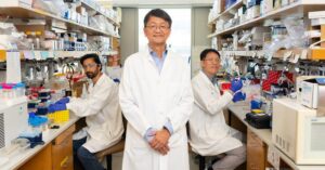 Irshad Hajam, George Liu, and Chih-Ming Tsai in the Liu lab, Israni Biomedical Research Facility. [Kyle Dykes/UC San Diego Health Sciences]